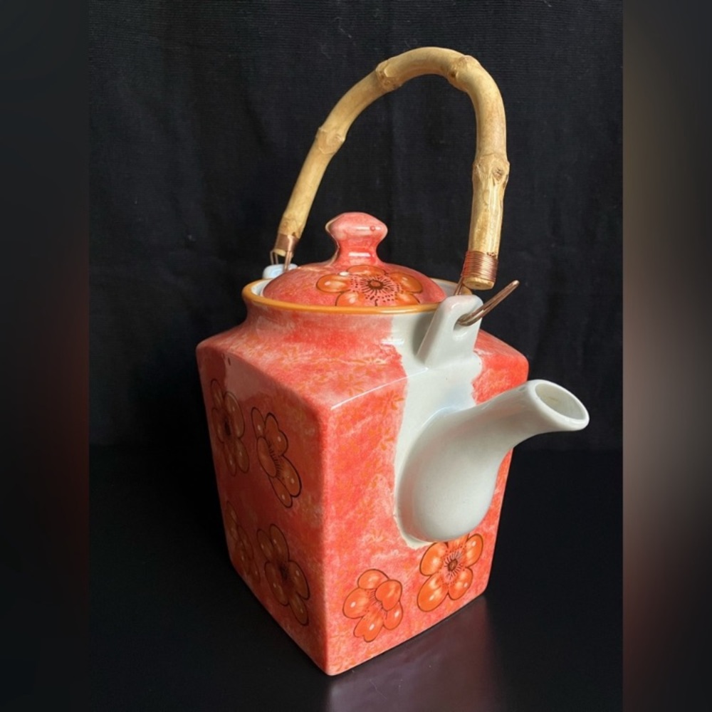 Vintage Floral Square Japanese Teapot with Bamboo Handle